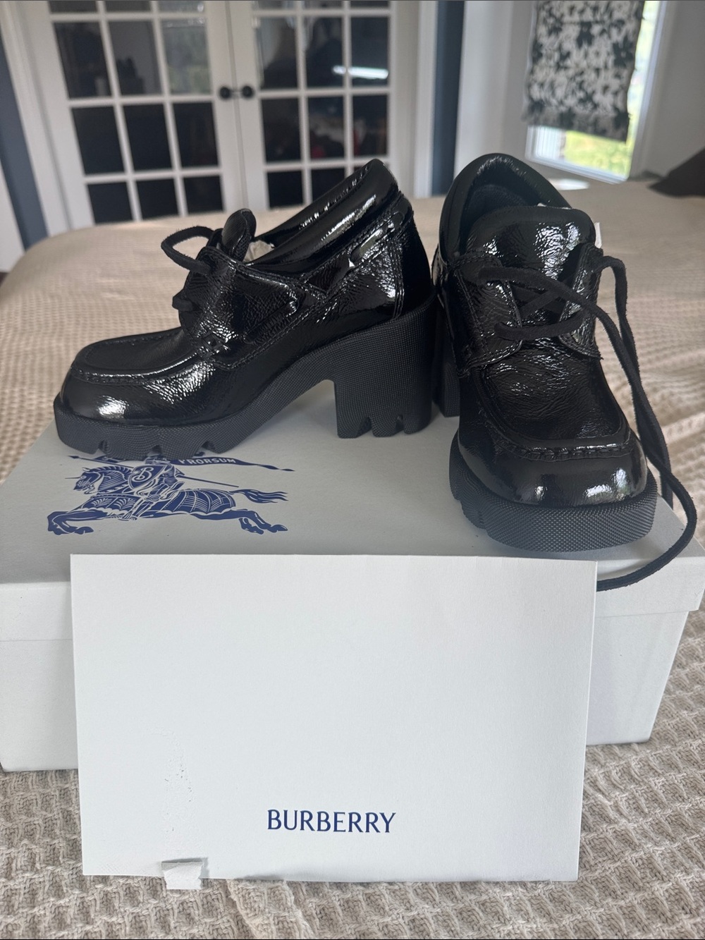 Burberry Black Patent Platform Lace-Up Heeled Boots